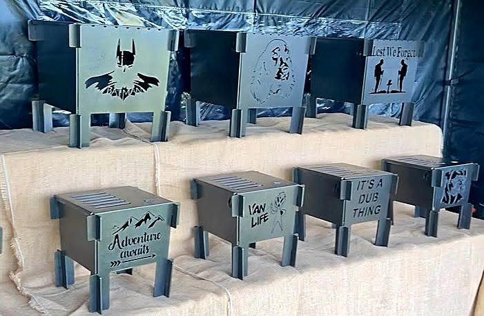 A line-up of fire pits on the Flat Pack Fire Pit Co market stall